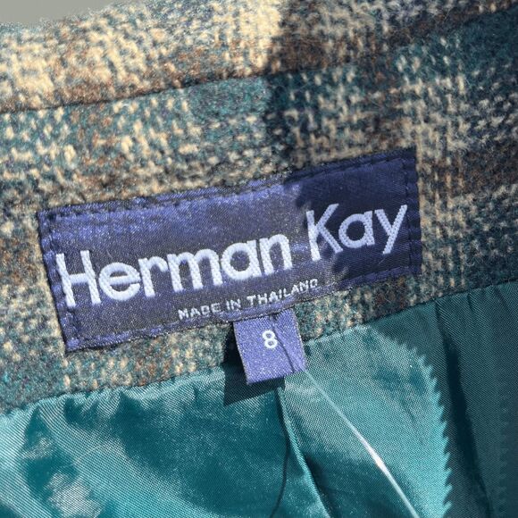 Vintage 80s Herman Kay Forest Green Plaid Hooded Wool Winter Coat, SZ 8 - Picture 5 of 10